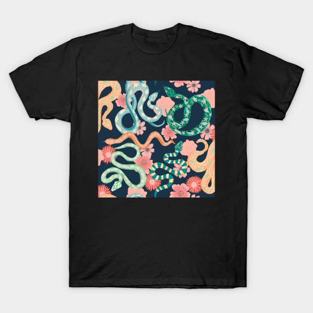 Floral snakes on dark blue T-Shirt by Papergrape